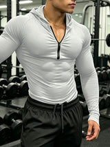 Men's Muscle Bodybuilding Gym Workout Deep Zipper Neck Form-Fitting Hoodie SKUL84617