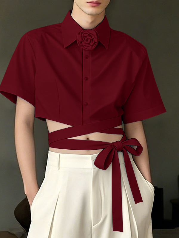 Men's Multi-Wrap Waist Tie Detail 3D Rose Collar Cropped Short Sleeve Shirt SKUL55290