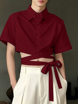 Men's Multi-Wrap Waist Tie Detail 3D Rose Collar Cropped Short Sleeve Shirt SKUL55290