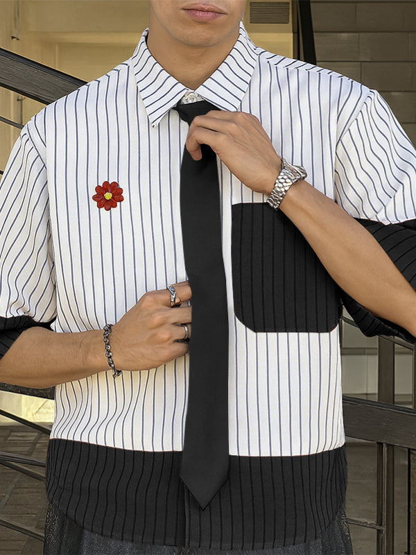 Men's Color Block Striped Tie Short Sleeve Shirt SKUL31818