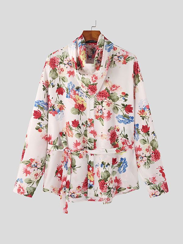 Mens Floral Print Cowl Neck Tie Shirt SKUK01074