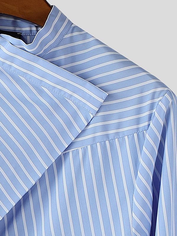 Men's Stripe Asymmetric Layered Stand Collar Long Sleeve Shirt SKUL50909