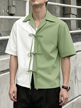 Men's Vintage Colorblock Contrast Tie Front Cuban Collar Short Sleeve Shirt SKUL70268