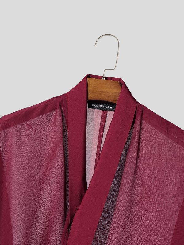 Men's New Chinese Style Relaxed Sheer Mesh Crossover Wrap Cardigan SKUL62034