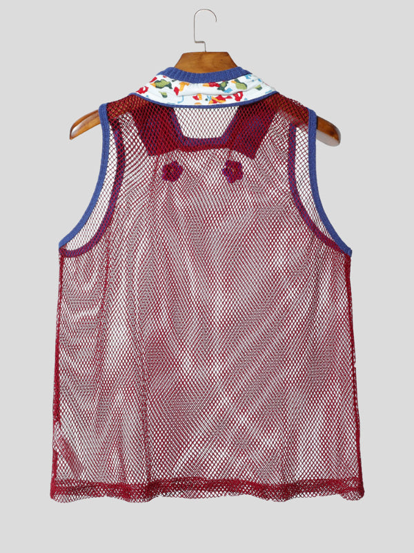 Men's Sheer Mesh Neck Colorblock Casual Tank SKUL15182