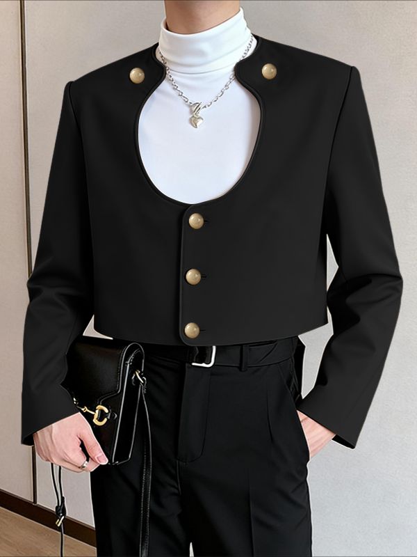 Men's Cut Out Design Metal Buckle Cropped Long Sleeve Blazer SKUL48622