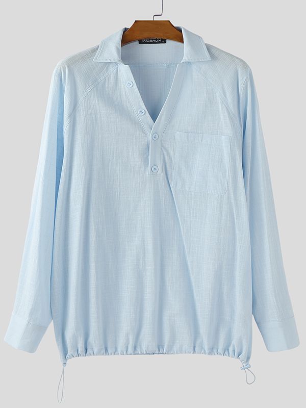 Men's Solid Color Small V Neck Long Sleeve Shirt SKUL35254