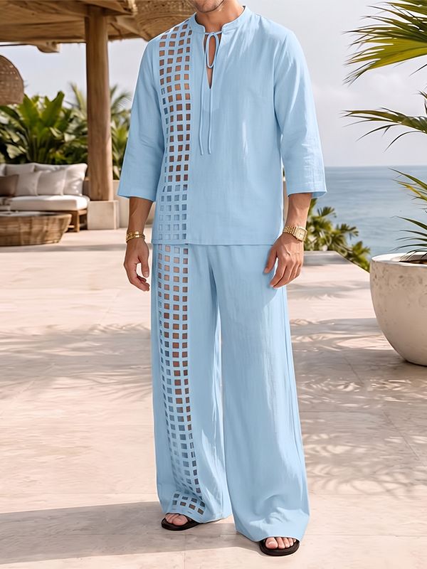 Men's Bohemian Resort Beach Vacation Hollow Cutout Grid Lace-Up Two Pieces Outfit SKUL84806