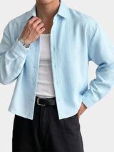 Men's High-Street Minimalist Aesthetic Structured Bamboo Slub Textured Cropped Long Sleeve Shirt SKUL73658