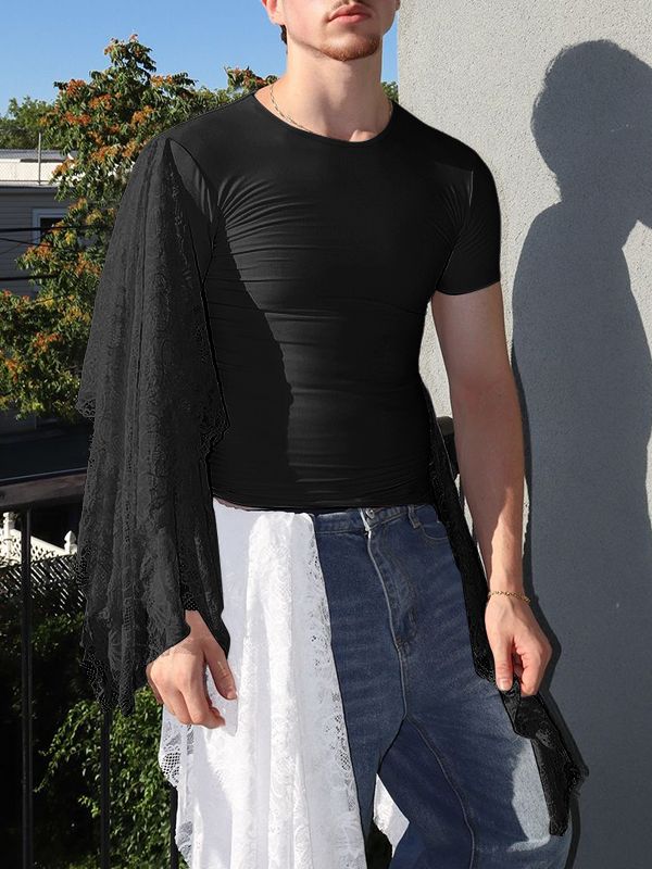 Men's Solid Color Lace Patchwork Knitted Short Sleeve T-shirt SKUL42802