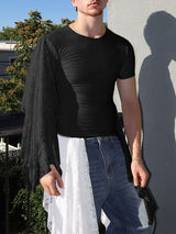 Men's Solid Color Lace Patchwork Knitted Short Sleeve T-shirt SKUL42802