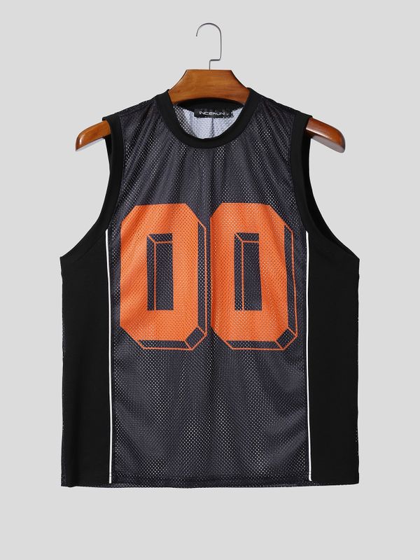 Men's High Street Retro Americana Mesh Translucent Number Graphic Slim Fitted Muscle Tank SKUL56150