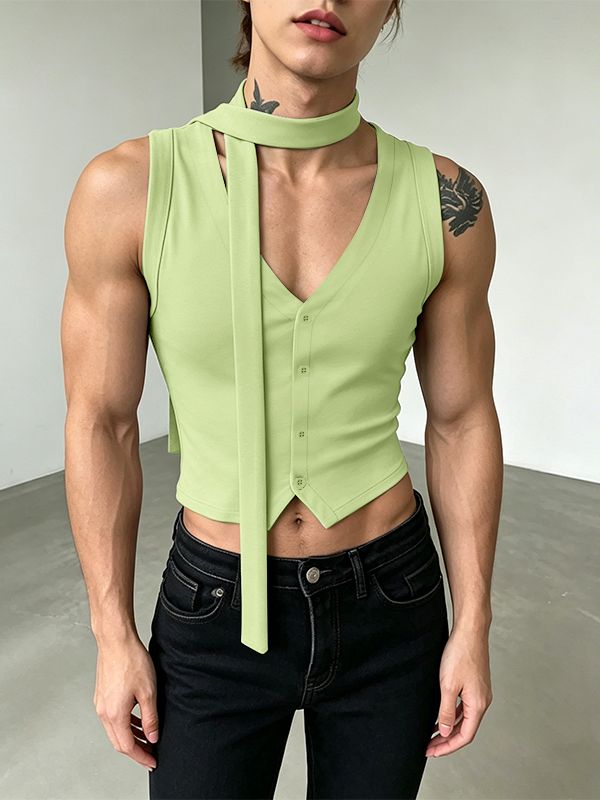Men's Avant-Garde Deconstructed Choker-Neck Cropped Tank SKUL61911