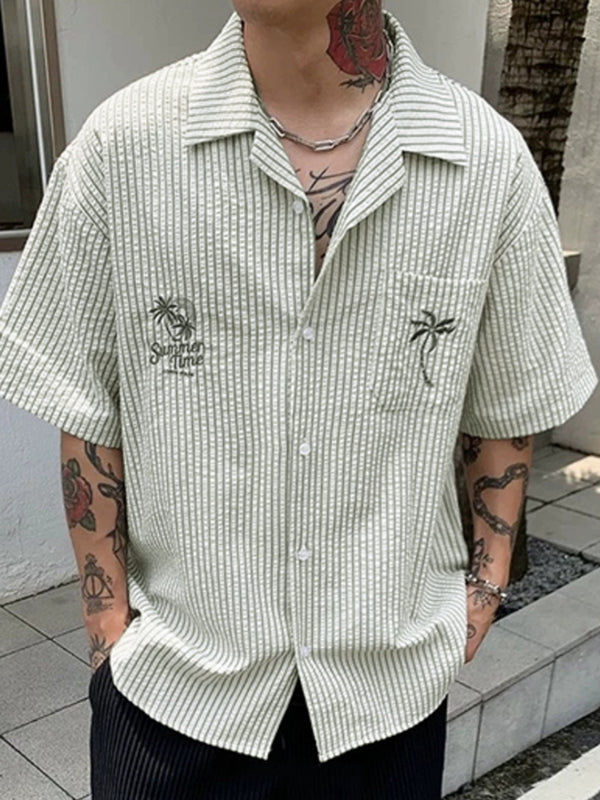 Men's Coconut Tree Embroidered Texture Short Sleeve Shirt SKUL15618