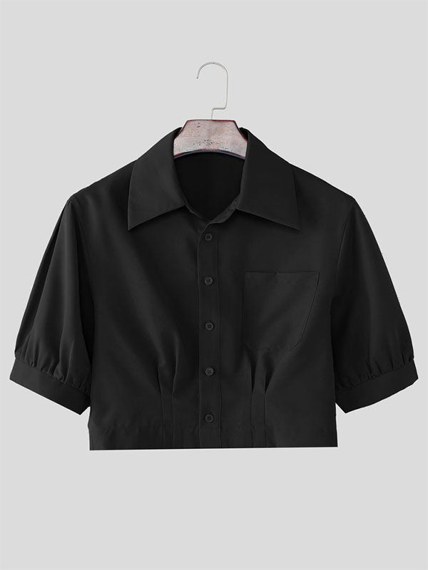 Men's Modern Minimalist Button-Up Front Cropped Short Sleeve Shirt SKUL53237