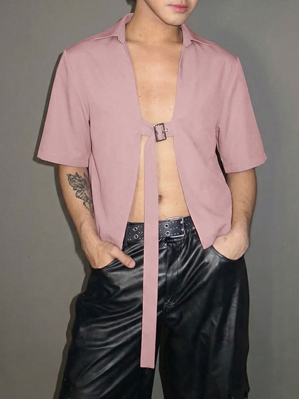 Men's Single Buckle Strap Open-Front Cropped Shirt SKUL57073