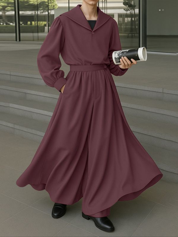 Men's Solid Color Long Hem Sailor Collar Two Pieces Outfit SKUL32756