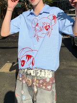 Men's Cartoon Print Stripe Short Sleeve Shirt SKUL46198