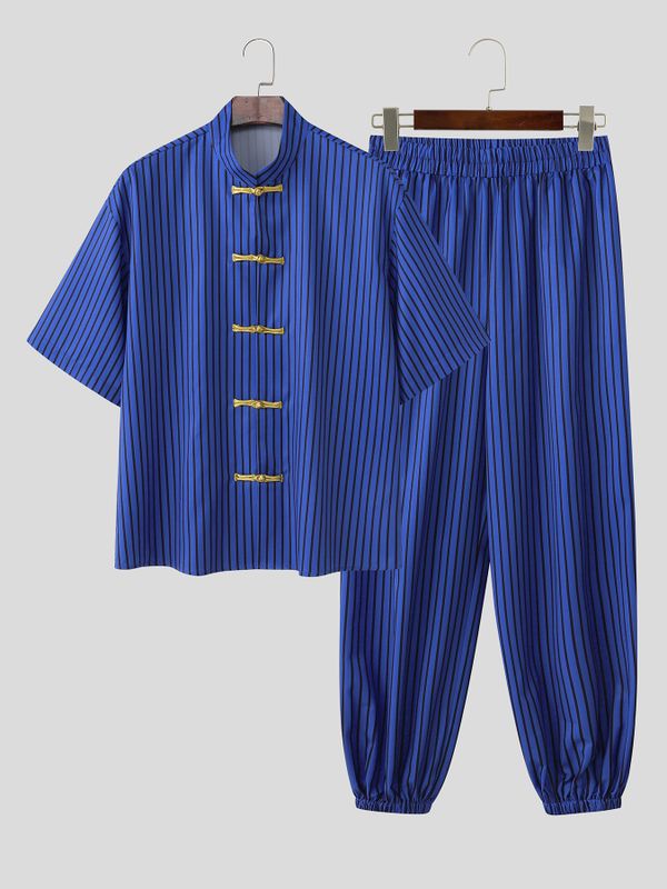 Men's Vintage Casual Vertical Striped Frog Button Stand Collar Two Pieces Outfit SKUL62046