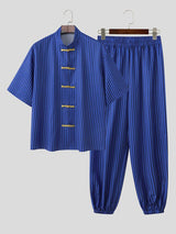 Men's Vintage Casual Vertical Striped Frog Button Stand Collar Two Pieces Outfit SKUL62046