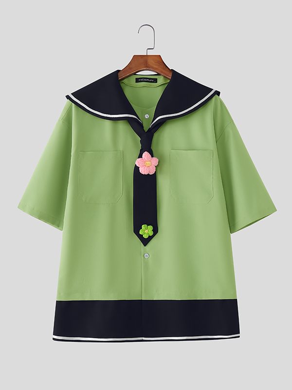 Men's Contrast Color Floral Sailor Collar Tie Shirt SKUL41283