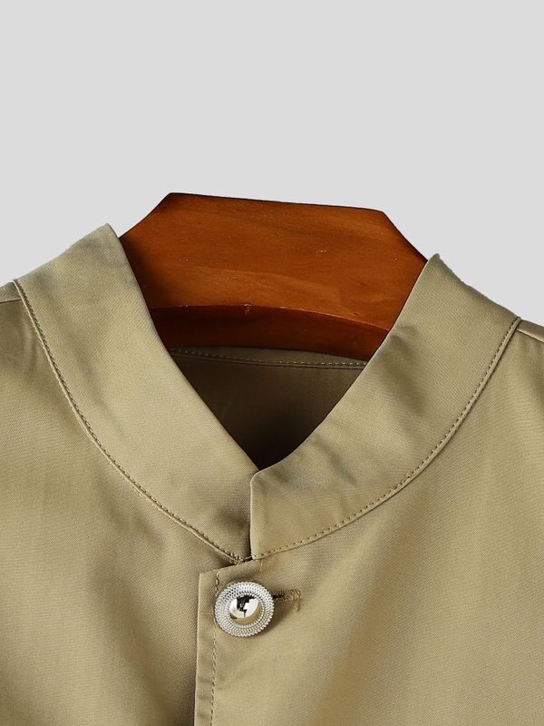 Men's Avant-Garde Sleeveless Mandarin Collar Floor-Length Split Tunic Cardigan SKUL61914