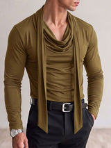 Men's Avant-Garde Early Autumn Built-in Scarf Drape Slim Long Sleeve Cowl Neck T-shirt SKUL81735