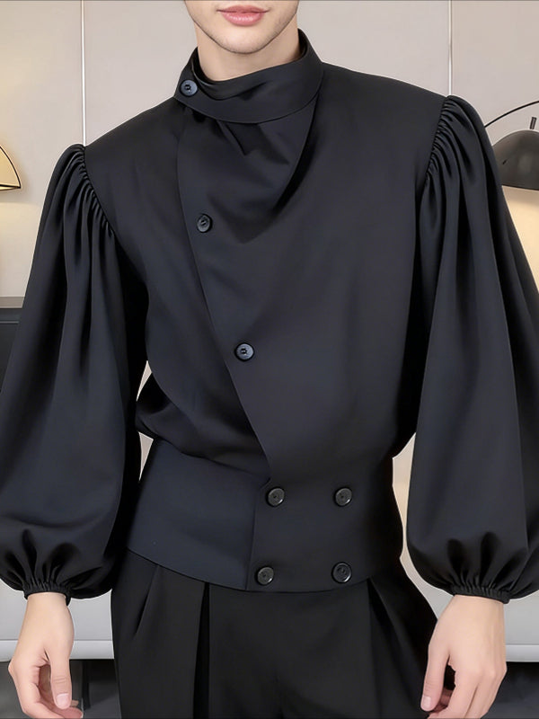 Men's Solid Asymmetrical Placket Puff Sleeve Shirt SKUL38918