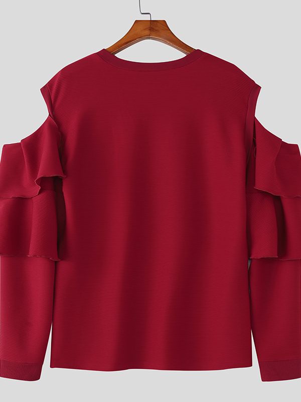 Men's Cutout Design Ruffle Long Sleeve T-shirt SKUL46571