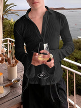 Men's Solid Color Textured Flared Sleeve Ribbon Shirt SKUL47938