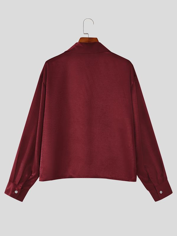 Men's Yuppie Streetwear Silky Satin Boxy Cropped Long Sleeve Button-Up Shirt SKUL79040