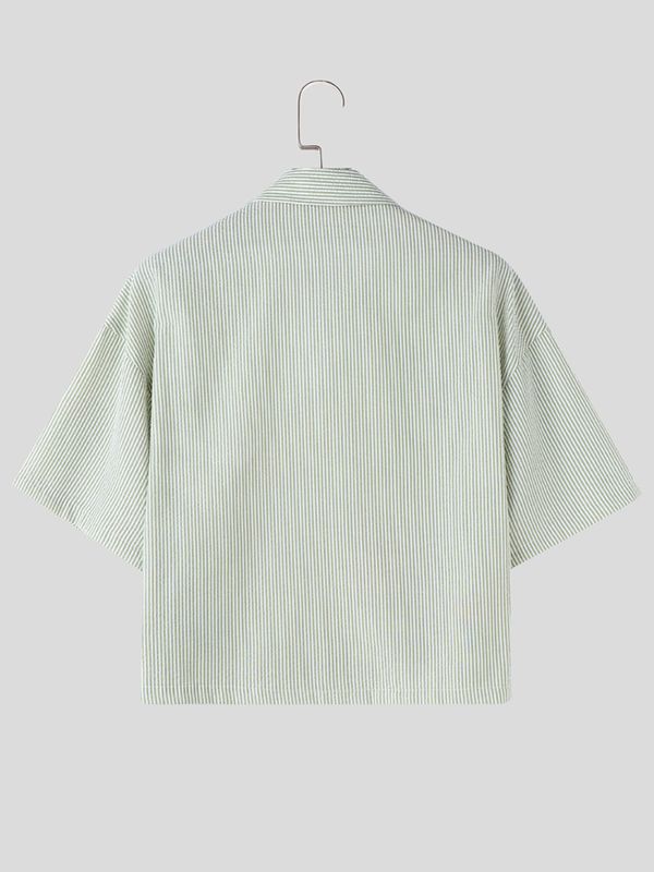 Men's Avant-Garde Whimsical Embroidered Cropped Pinstripe Short Sleeve Shirt SKUL74579