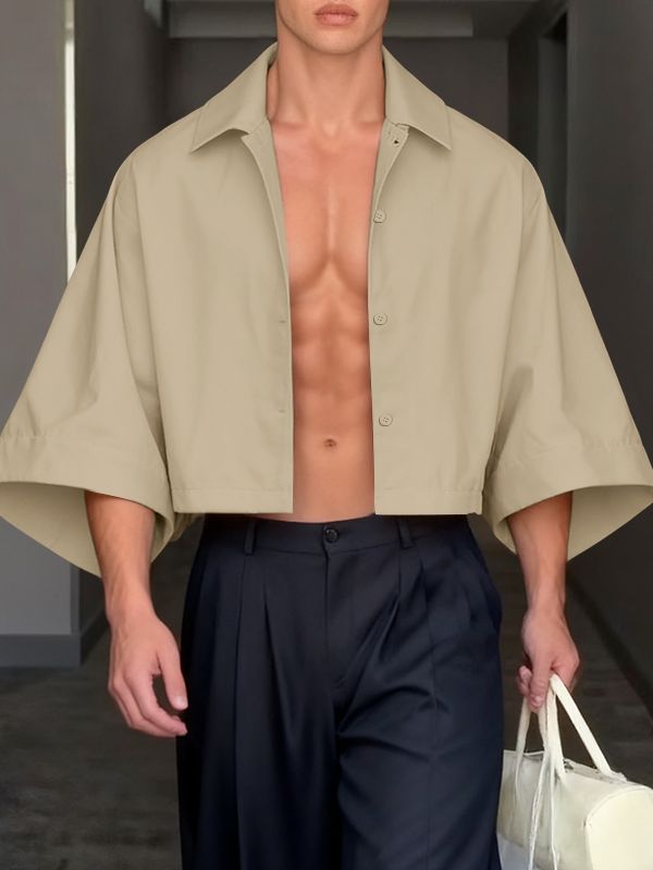 Men's Solid Color Cropped 3/4 Length Sleeve Shirt SKUL41332