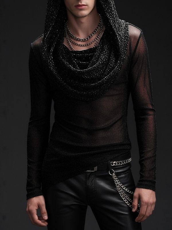 Men's Shimmer Sheer Mesh Hooded Long Sleeve T-shirt SKUL40330