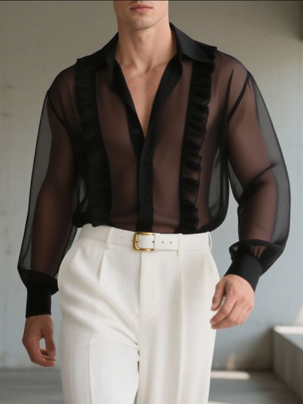 Men's Sheer Mesh Ruffled Long Sleeve Shirt SKUL30486