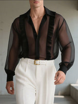 Men's Sheer Mesh Ruffled Long Sleeve Shirt SKUL30486