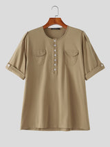Men's Urban Casual Utility Deep-Henley Multi-Button Short Sleeve T-shirt SKUL75690