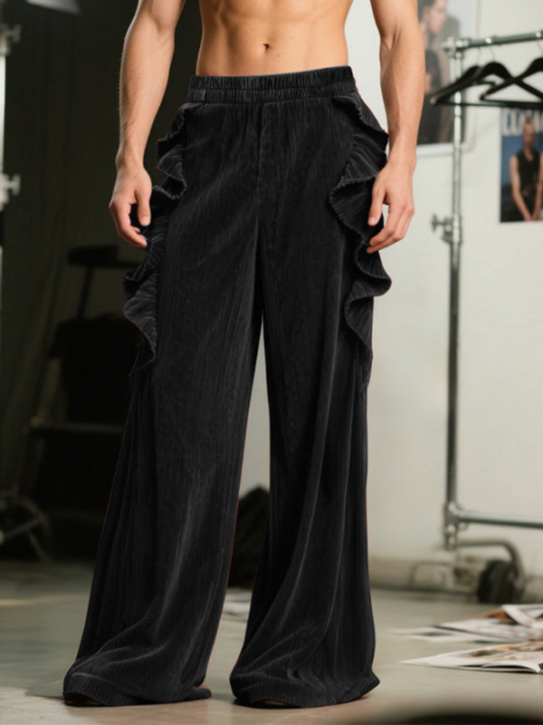 Men's Ruffled Patchwork Wide Leg Velvet Pant SKUL30412