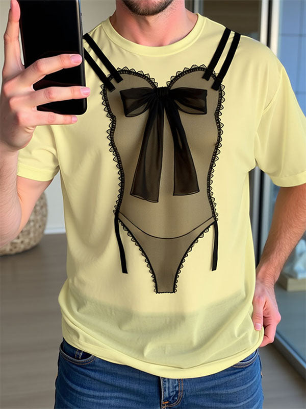 Mens Lace patchwork Semi Sheer Short Sleeve T-Shirt SKUL13757