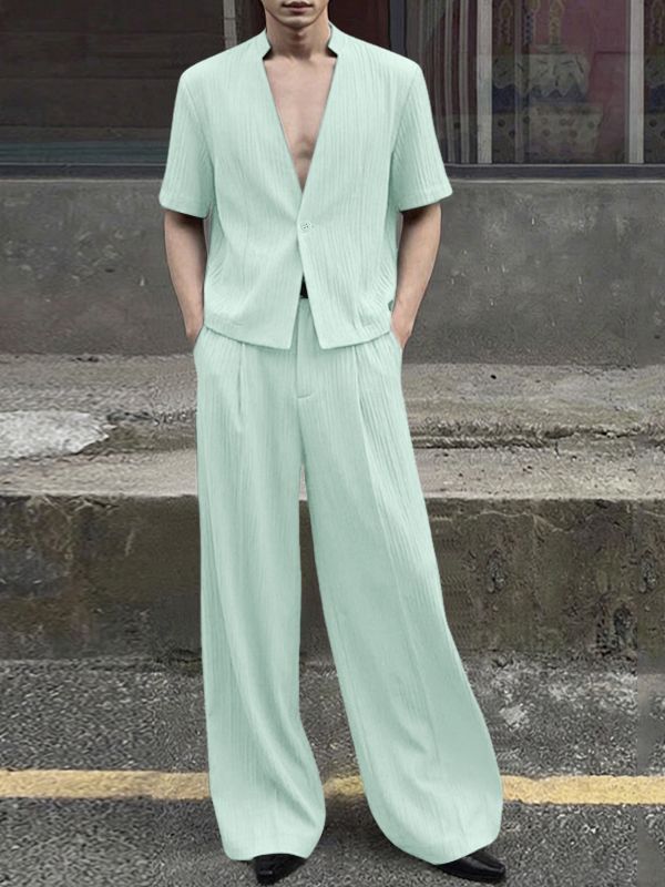 Men's Solid Color Textured Casual Two Pieces Outfit SKUL54446