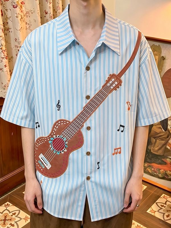 Men's Vintage Striped Guitar Print Turn Down Collar Dropped Shoulder Short Sleeve Shirt SKUL74461