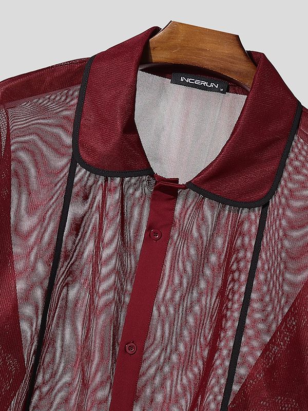 Men's Sheer Fine Mesh Contrast Trim Lace Up Long Sleeve Shirt SKUL48012