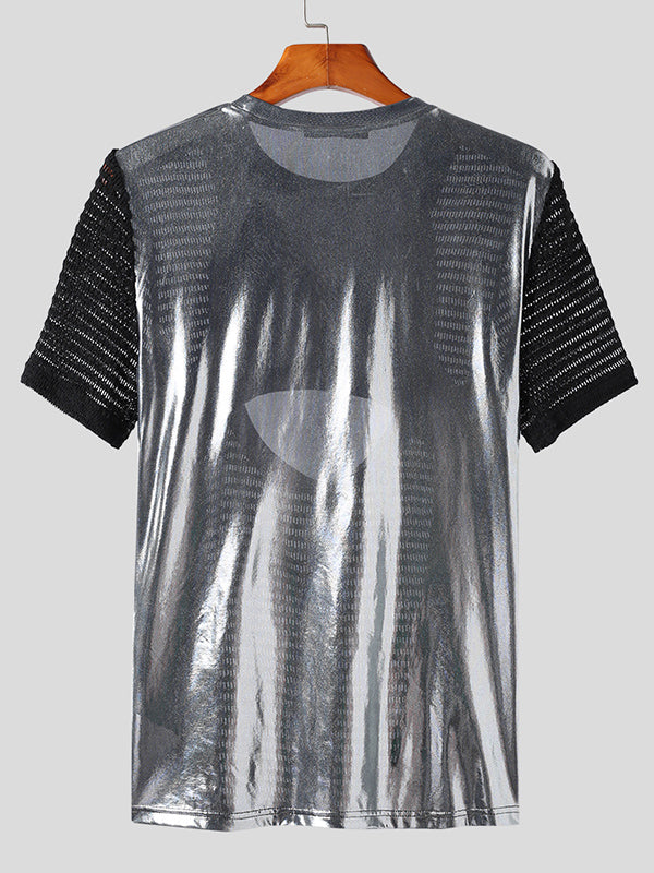 Mens Metallic Patchwork Cutout Deconstruction T-Shirt SKUK17896