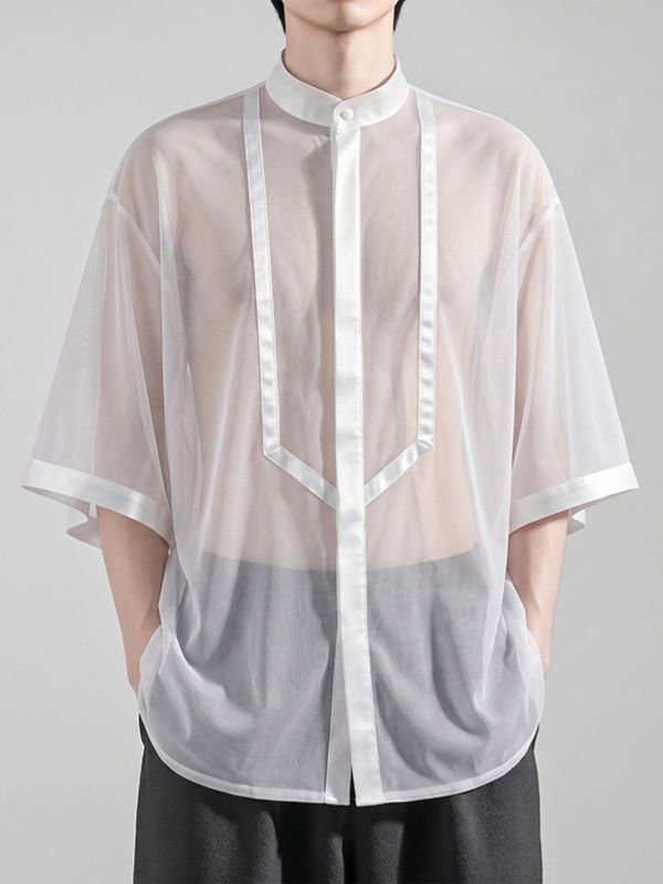 Men's Modern Neo-Chinese Fusion Trim Mesh Drop-Shoulder Short Sleeve Shirt SKUL71323