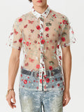 Mens Floral Embroidered See Through Short Sleeve Shirt SKUK51772
