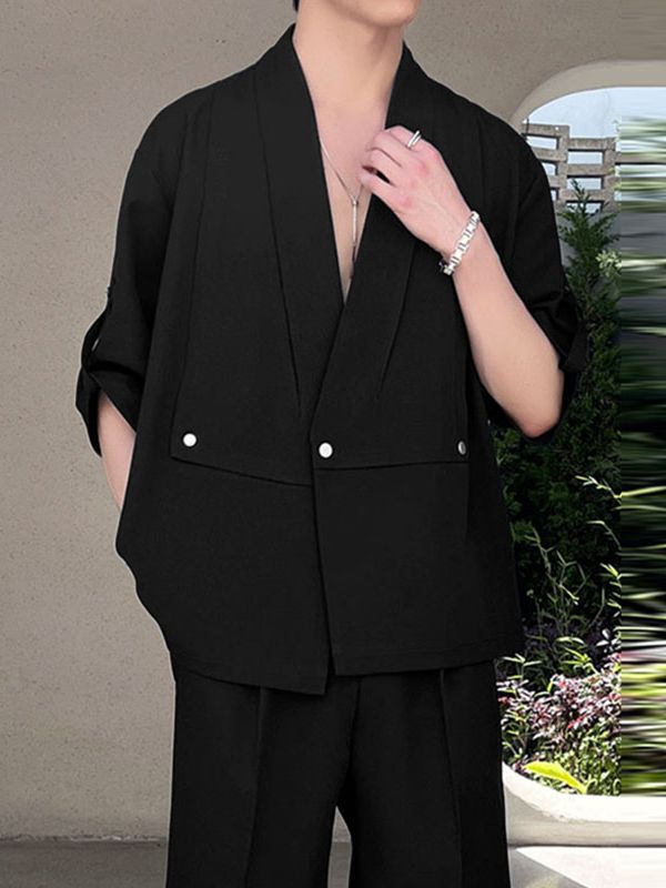 Men's Avant-Garde Deconstructed Kimono-Style Utility Short Sleeve Shirt SKUL63240