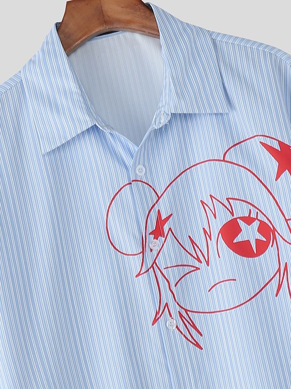 Men's Cartoon Print Stripe Short Sleeve Shirt SKUL46198