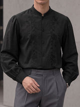 Men's Retro Early Autumn Floral Embroidered Puff Long Sleeve Stand Collar Shirt SKUL79744