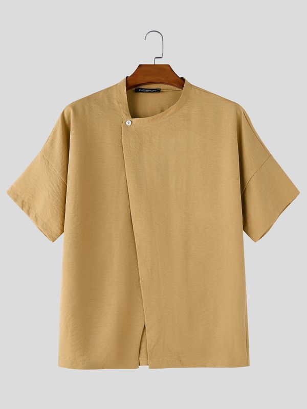 Men's High-Street Neo-Chinese Asymmetric Covered Placket Short Sleeve Shirt SKUL74759