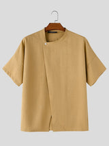 Men's High-Street Neo-Chinese Asymmetric Covered Placket Short Sleeve Shirt SKUL74759